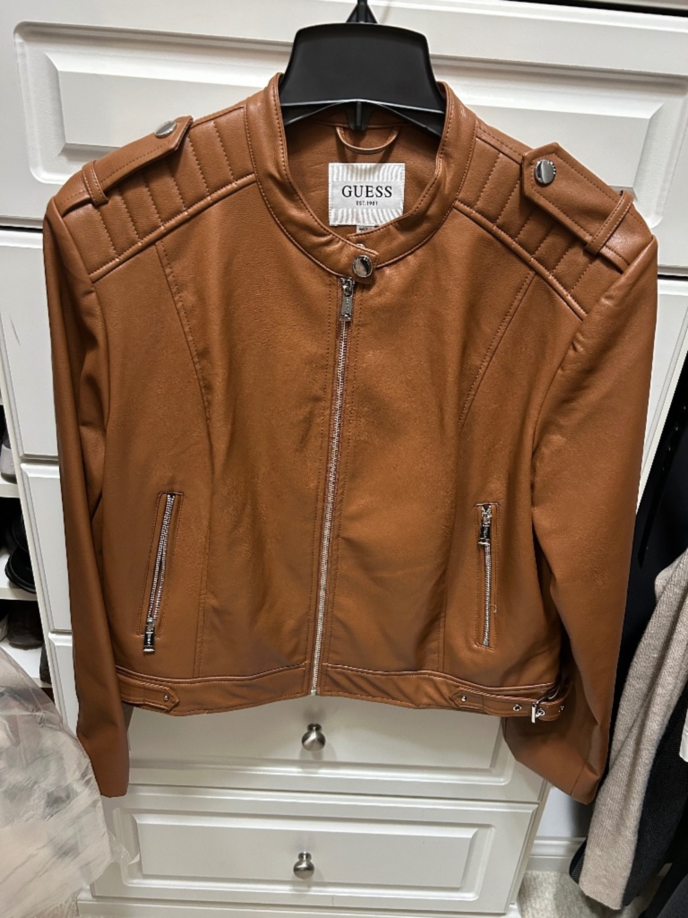 Guess faux leather jacket, brown and size x-large